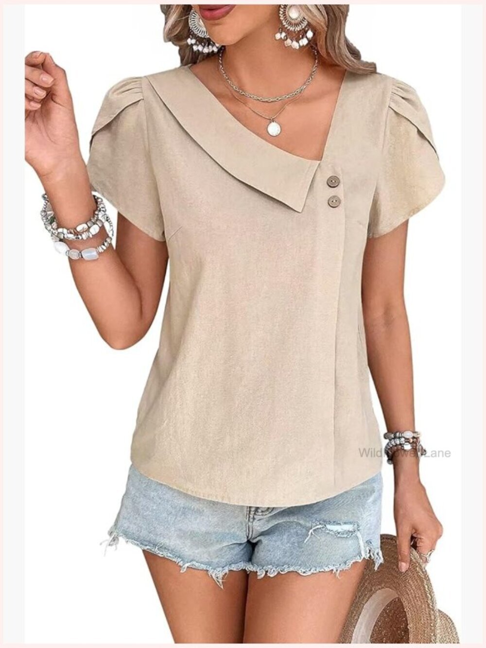 Dressy Casual Petal Sleeve V Neck Asymmetric Collar Summer Work Blouse Tunic